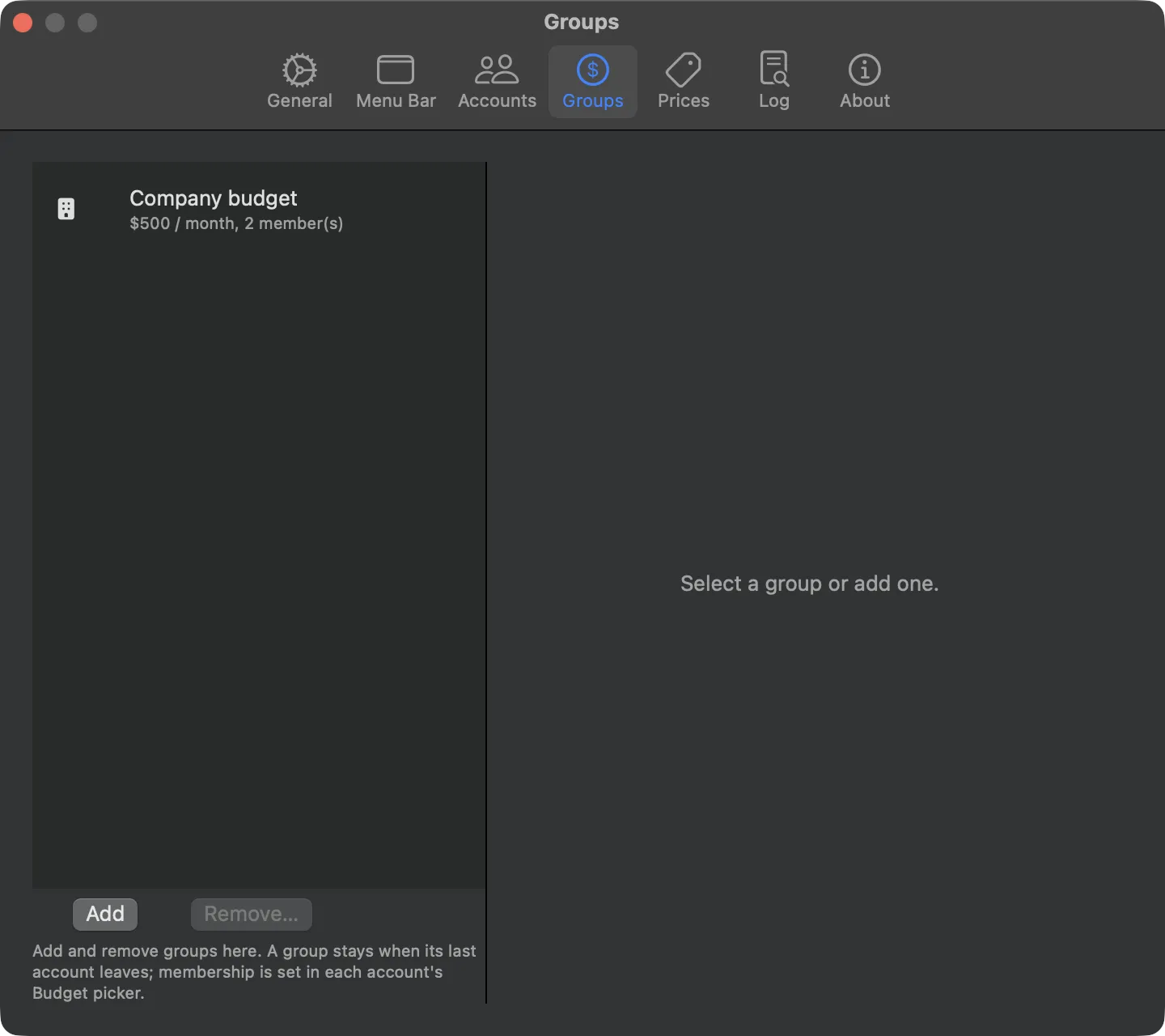 Settings, Groups tab, with a shared monthly company budget