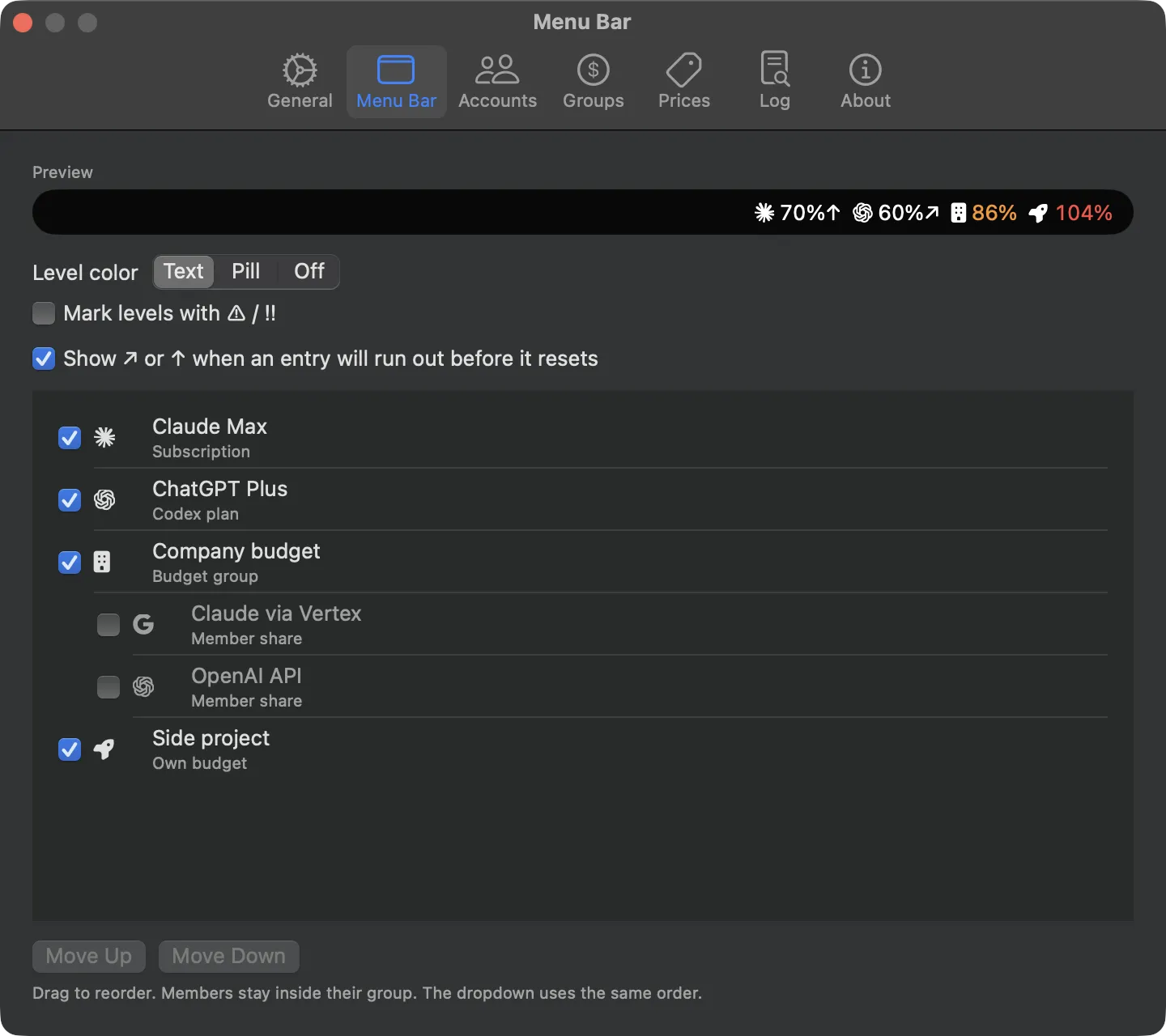 Settings, Menu Bar tab, with the live preview of the bar