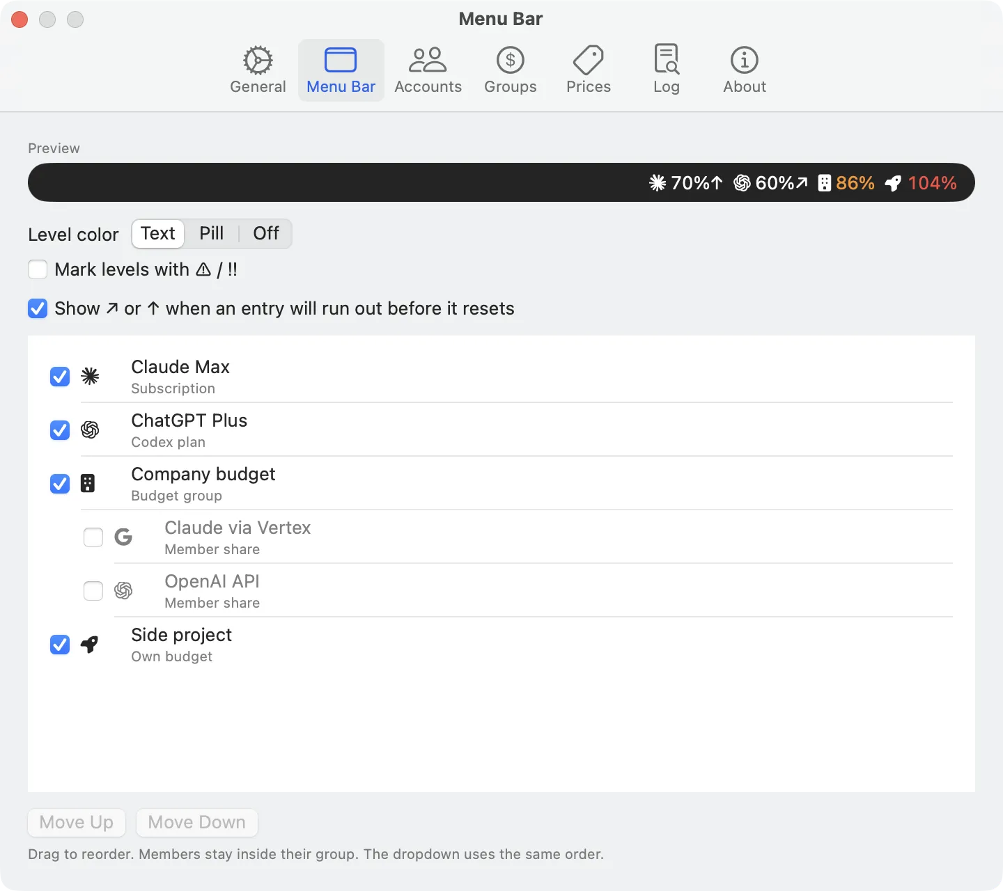 Settings, Menu Bar tab, with the live preview of the bar