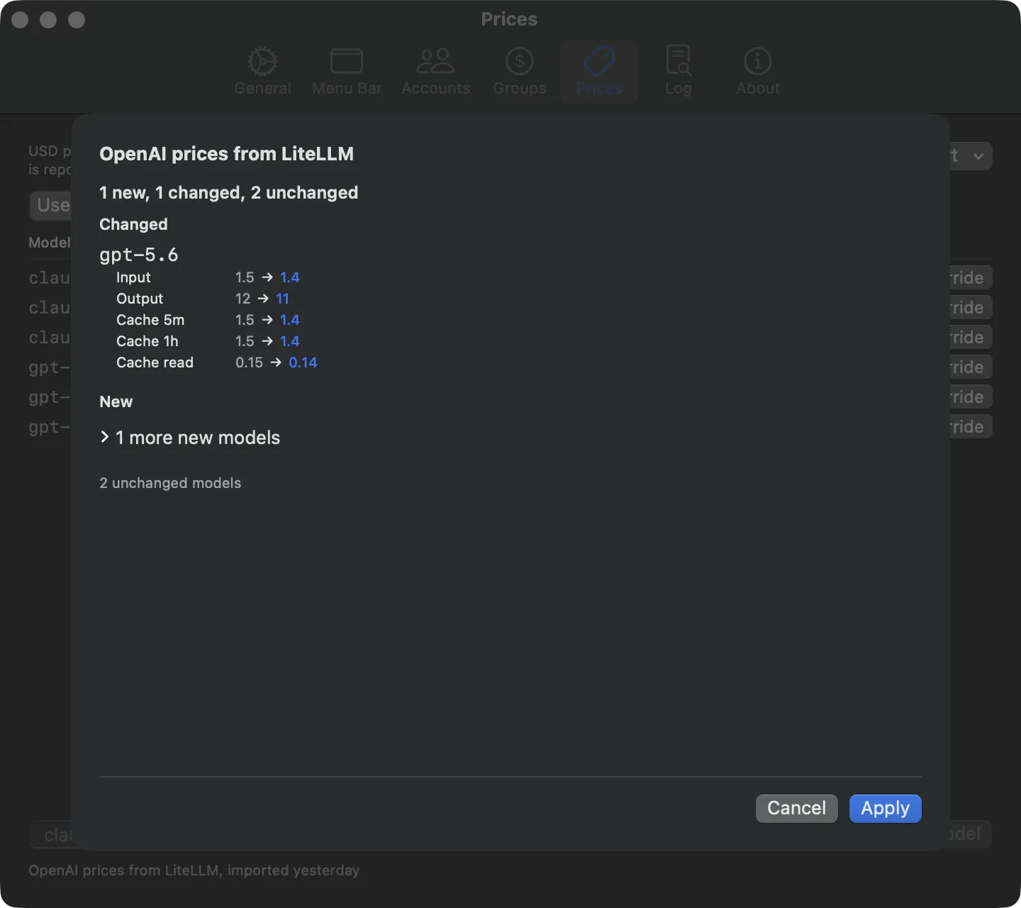 Settings, Prices tab, with the Import menu