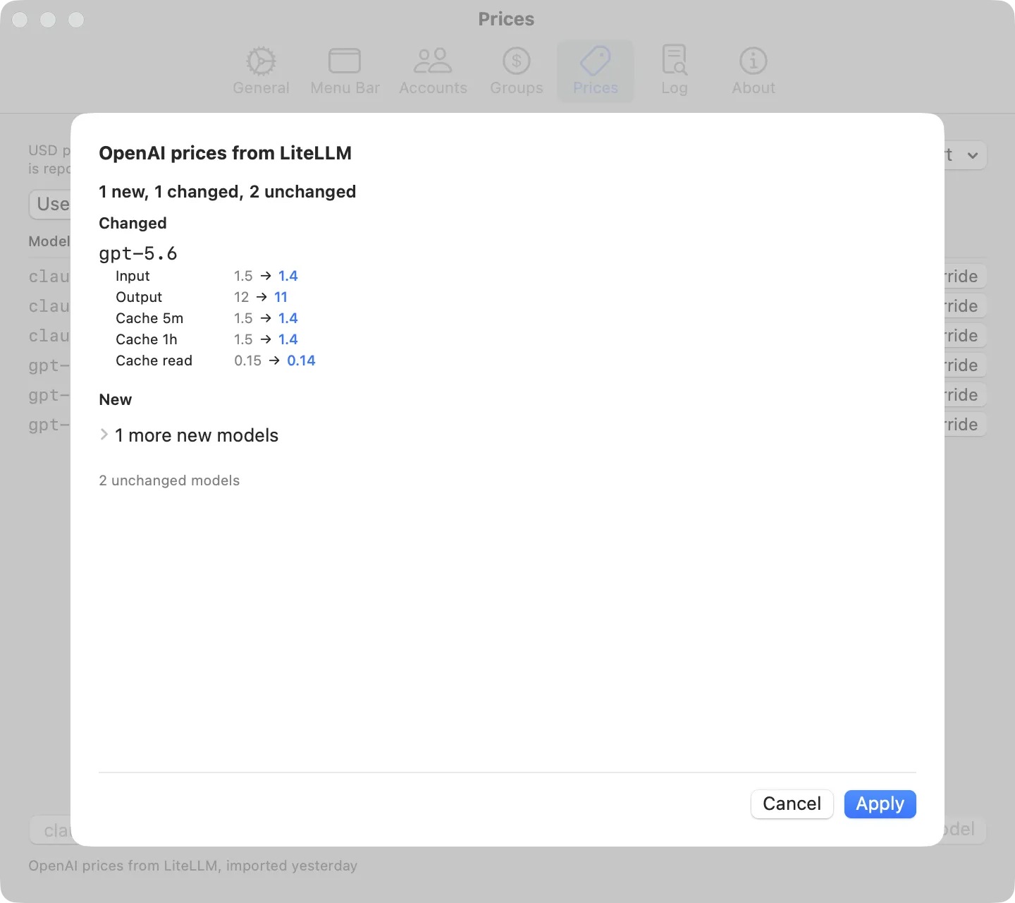 Settings, Prices tab, with the Import menu